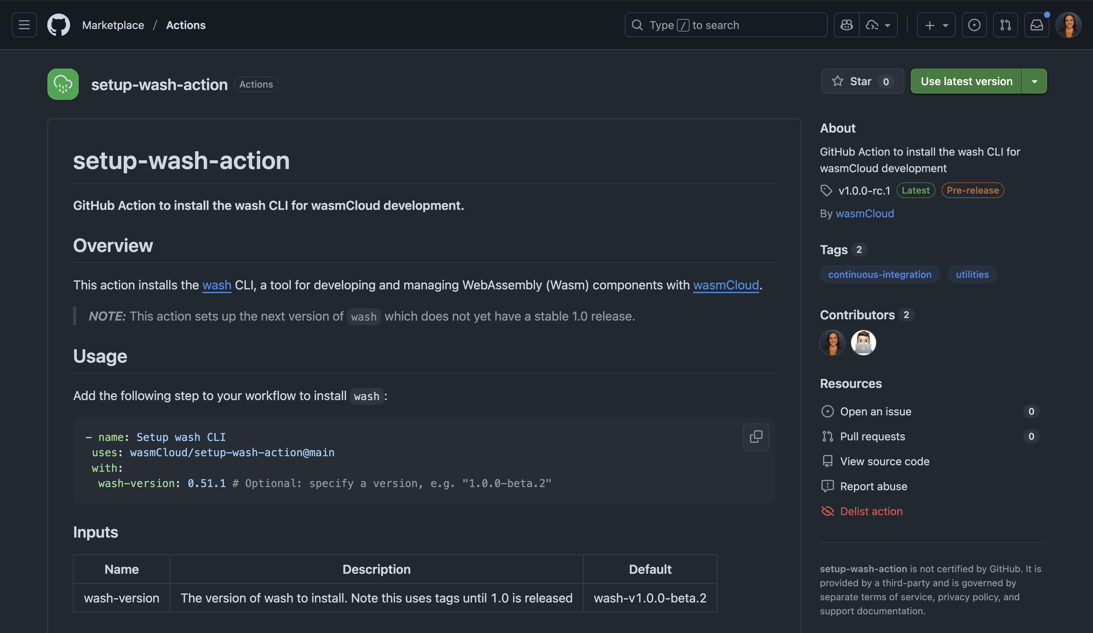 setup-wash-action in the marketplace